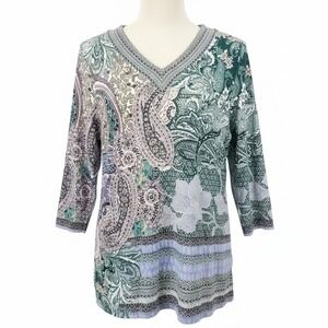 Chicos Blouse Size 2 Large 12 Top 3/4 Sleeves V-Neck Paisley Floral Purple Green